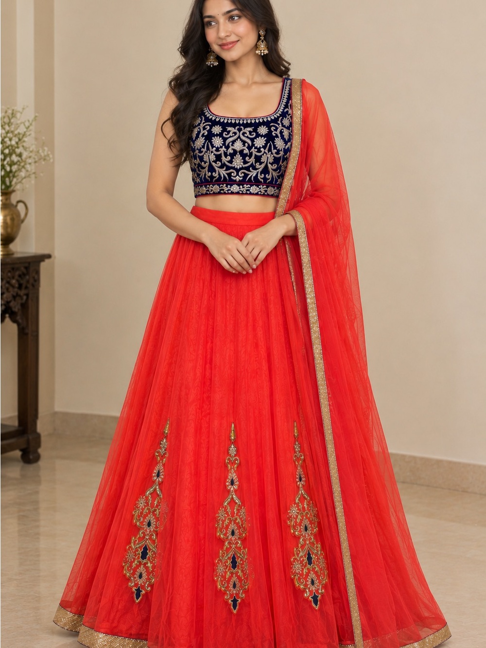 Women’s Red Embellished Net Lehenga Skirt with Dupatta